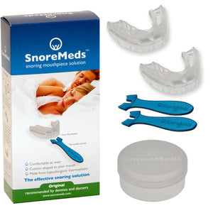 Photo of SnoreMeds Men's Anti-Snoring Double Pack, showing branded packaging, two mouthpieces, anti-bacterial storage container and spatula, which is used whilst moulding the mouthpiece..