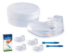 Load image into Gallery viewer, SnoreMeds Men&#39;s Value Pack, indicating contents of pack - four mouthpieces, spatulas, anti-bacterial storage container and moulding instructions leaflet. Best value SnoreMeds pack for existing customers.
