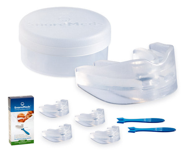 SnoreMeds Men's Value Pack, indicating contents of pack - four mouthpieces, spatulas, anti-bacterial storage container and moulding instructions leaflet. Best value SnoreMeds pack for existing customers.