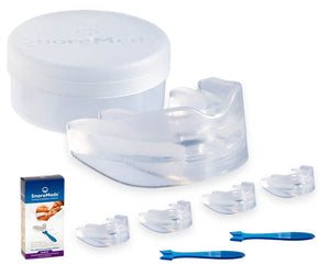 SnoreMeds Anti-Snoring Value Pack for women. Pack contains four mouthpieces, two spatulas, an anti-bacterial storage container and instruction leaflet. Purchase online through the SnoreMeds shop.