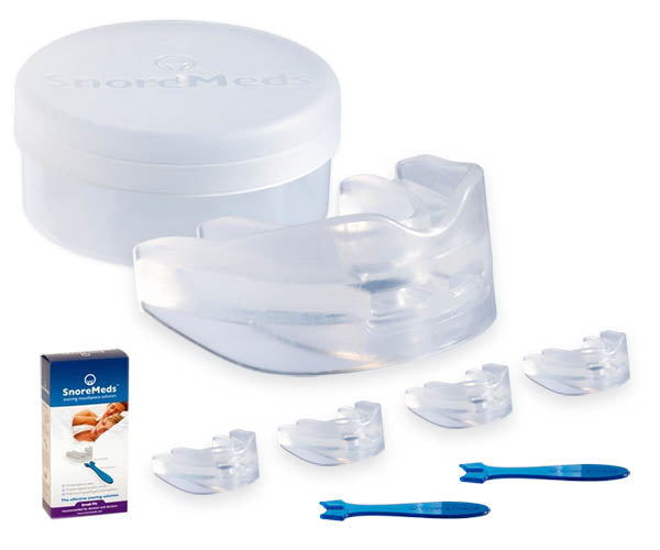SnoreMeds Anti-Snoring Value Pack for women. Pack contains four mouthpieces, two spatulas, an anti-bacterial storage container and instruction leaflet. Purchase online through the SnoreMeds shop.